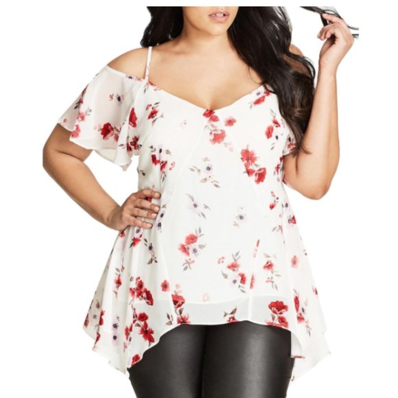 City Chic Tops - City Chic Floral Print Cold Shoulder Top